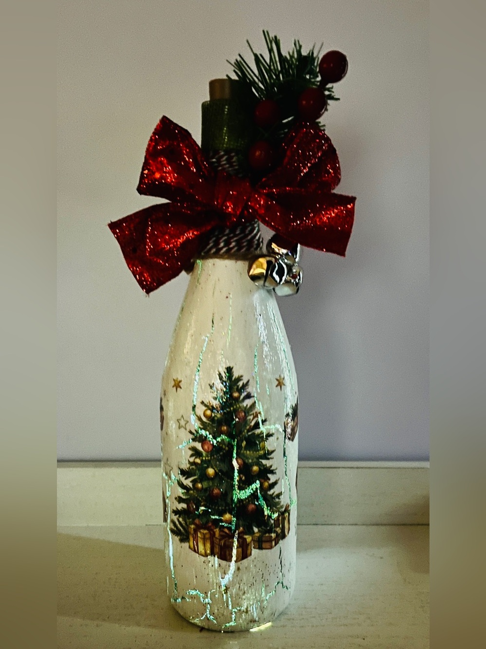 Holiday Tree Decorative Bottle - White with Red Bow